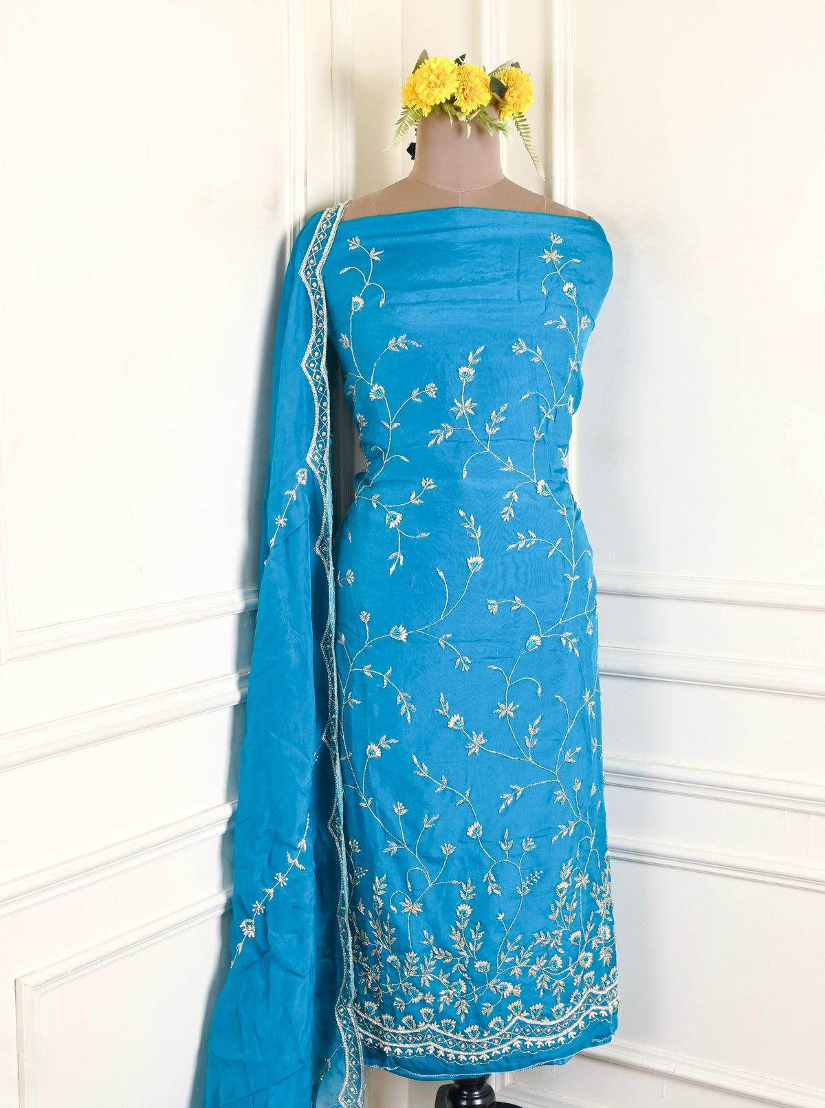 Organza Sky Blue Unstitched Suit