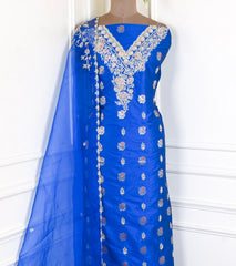 Banarasi Silk Blue Unstitched Suit