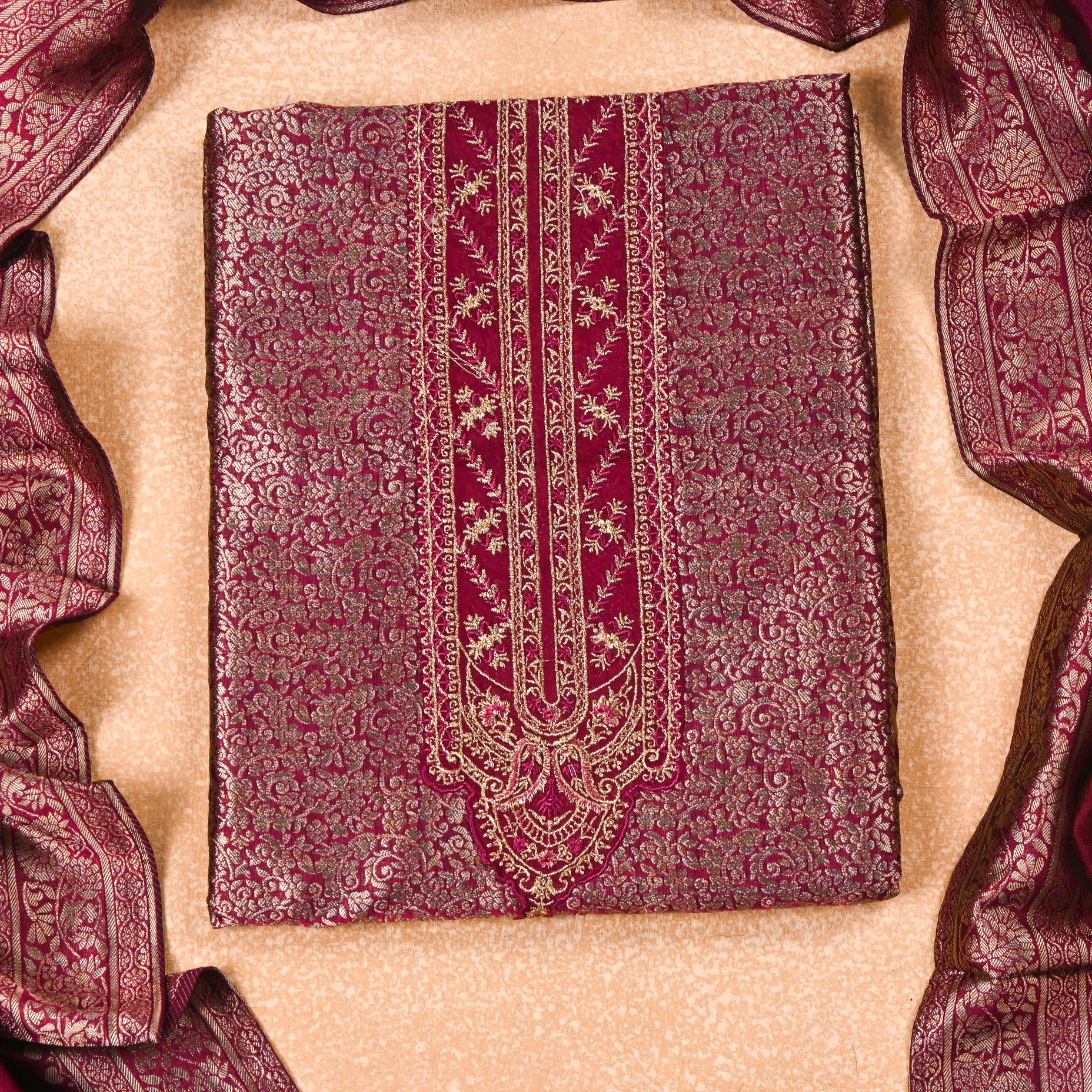 Banarasi Magenta Unstitched Suit