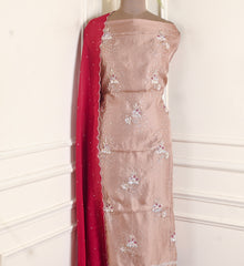 Twill Organza Maroon Unstitched Suit