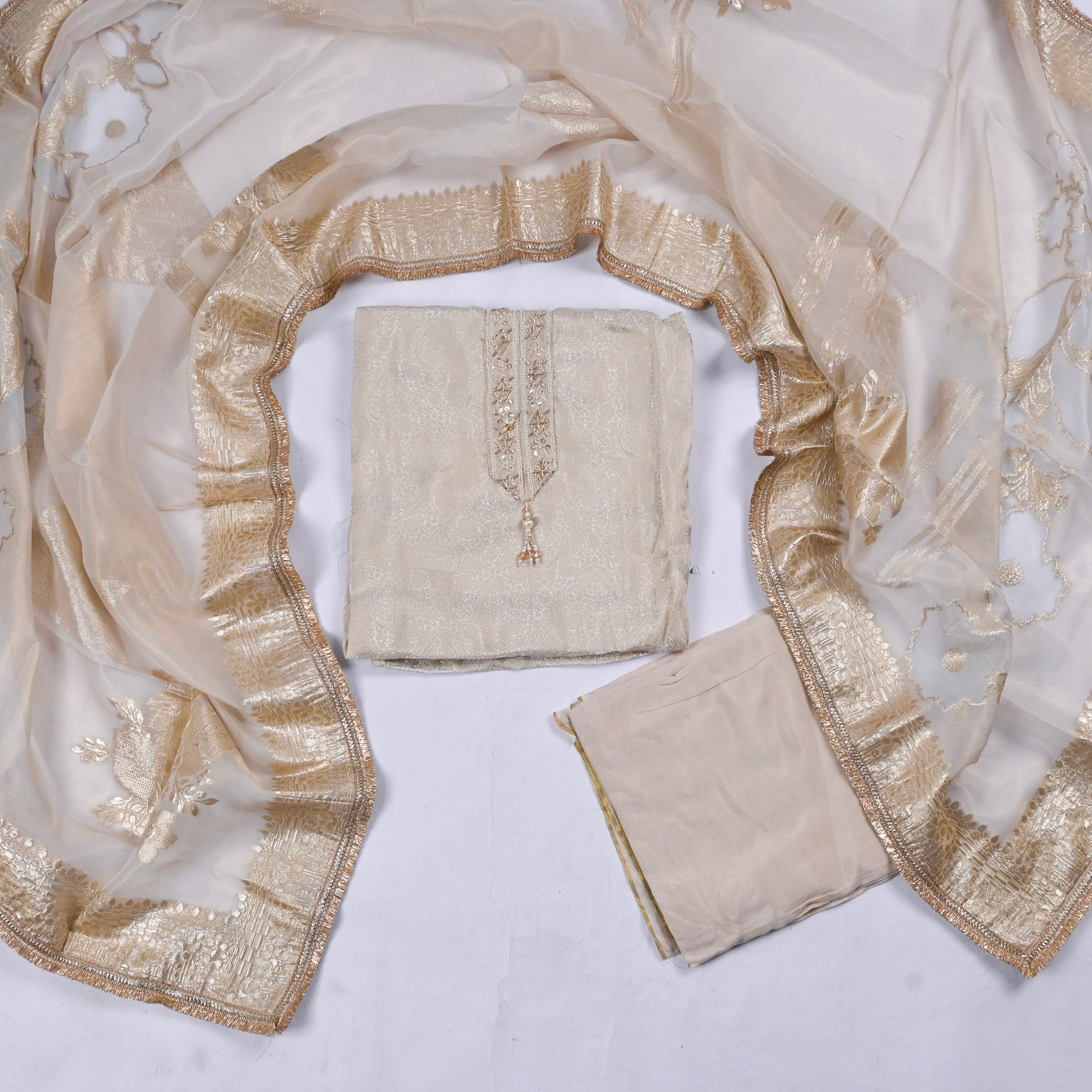 Banarasi Silk Beige Unstitched Suit