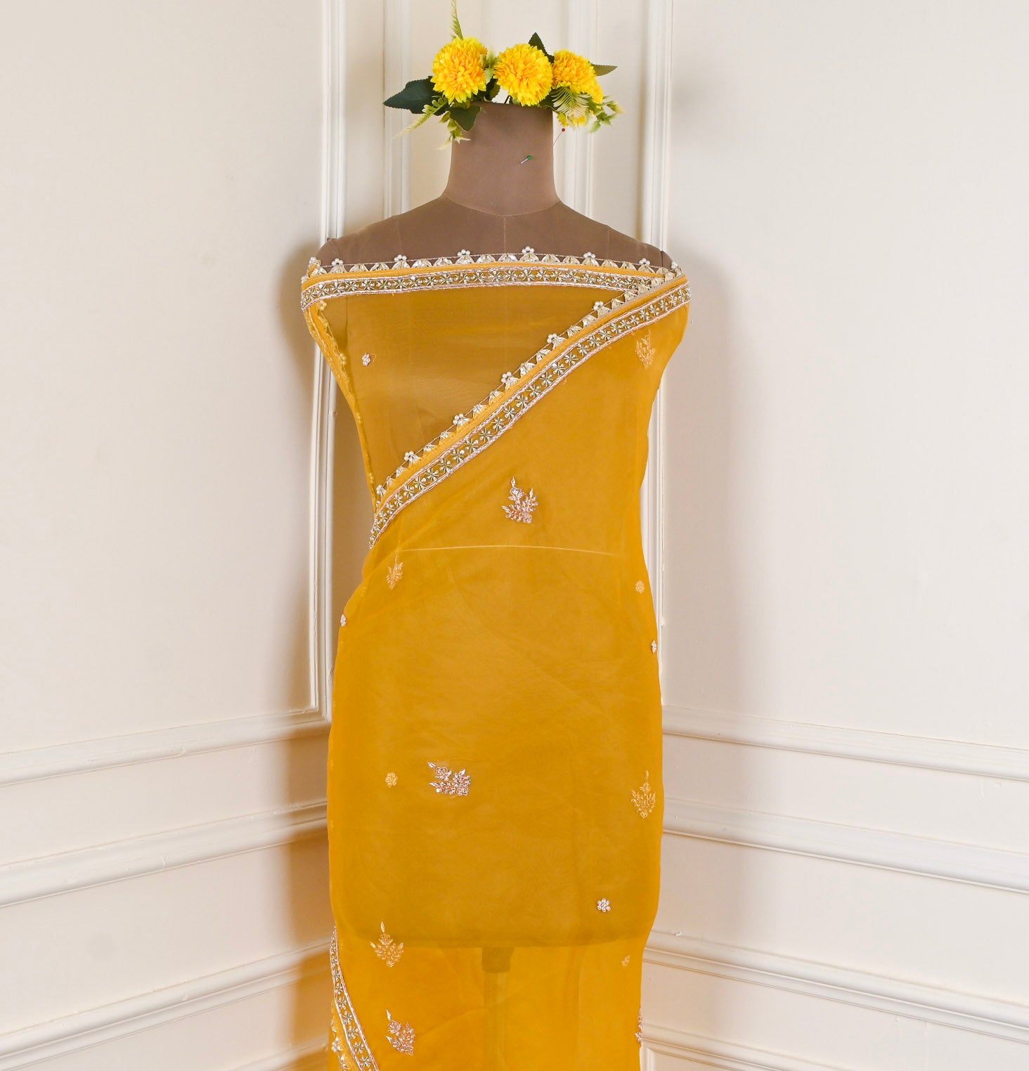 Organza Yellow Unstitched Suit