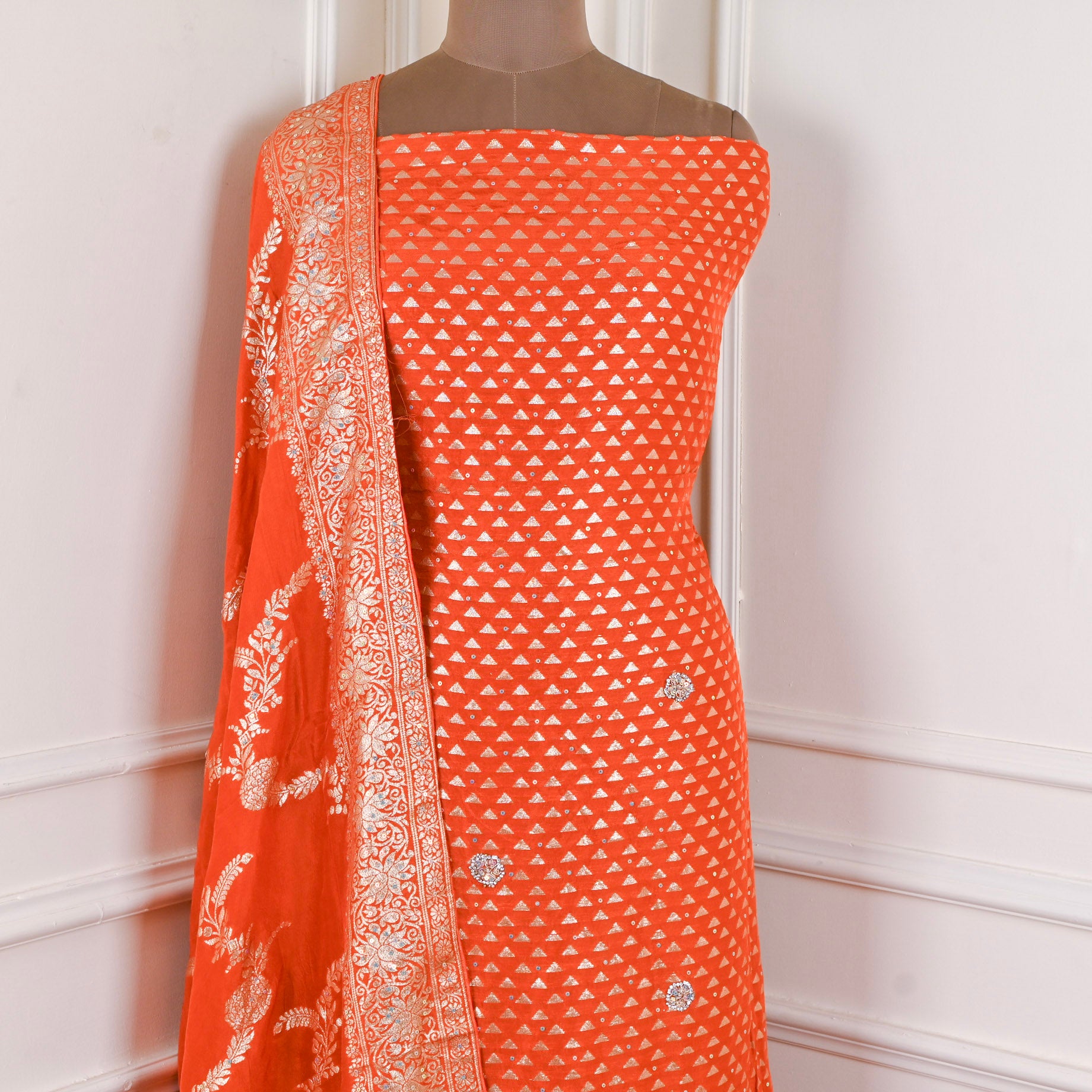 Banarasi Silk Orange Unstitched Suit