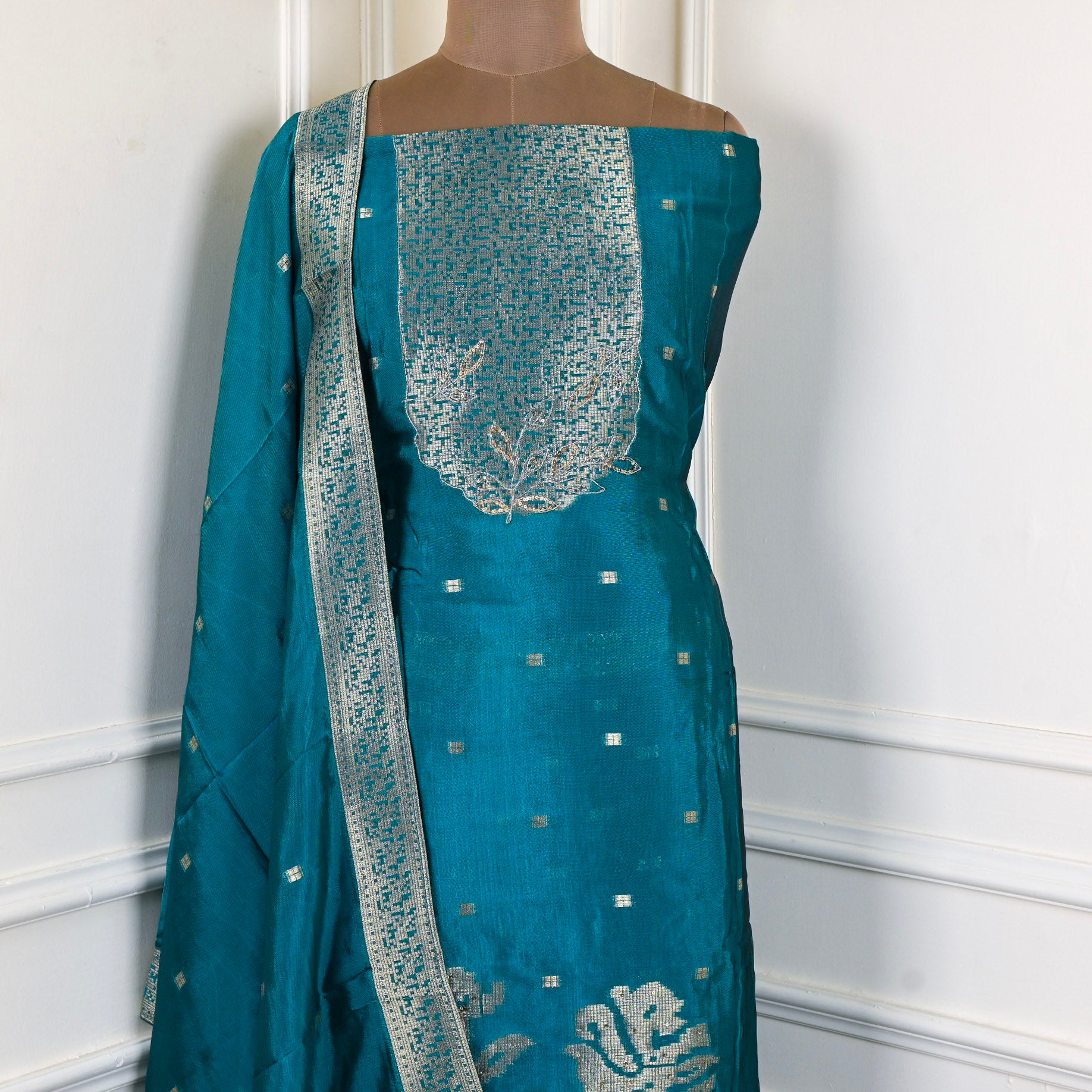 Banarasi Silk Teal Blue Unstitched Suit
