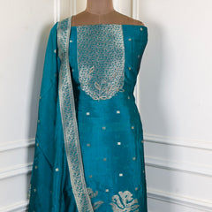 Banarasi Silk Teal Blue Unstitched Suit