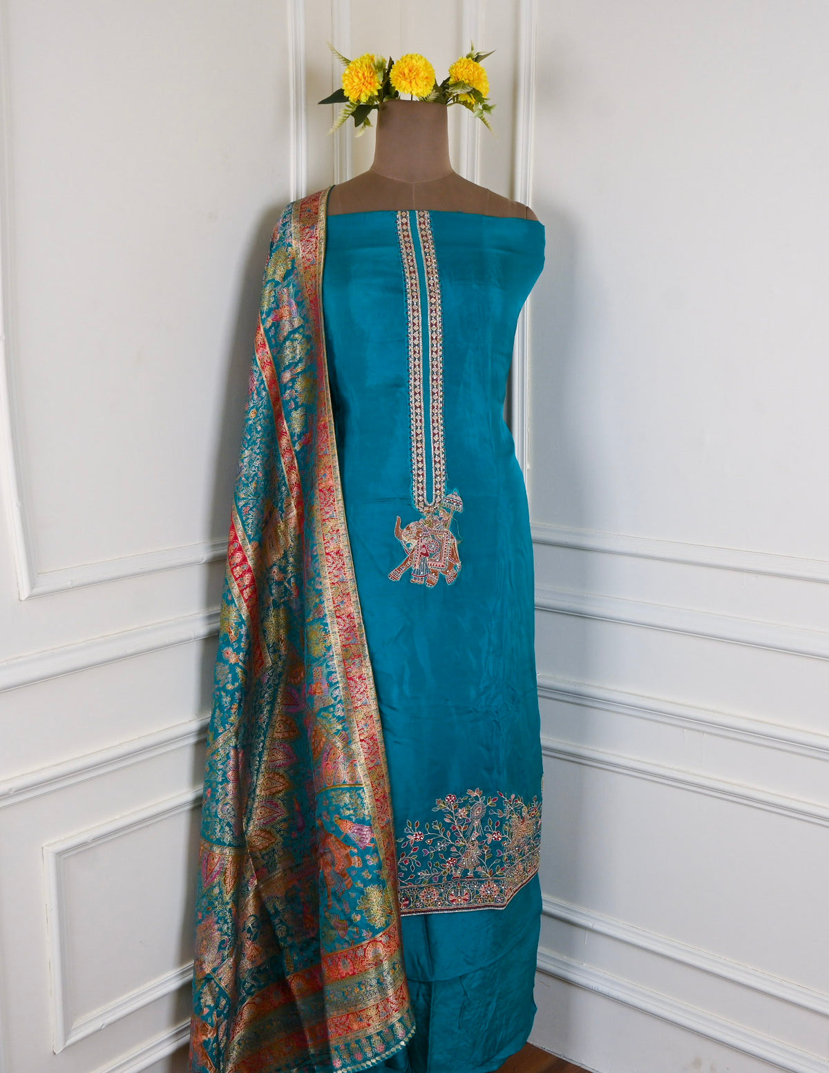 Crepe Organza Blue Unstitched Suit