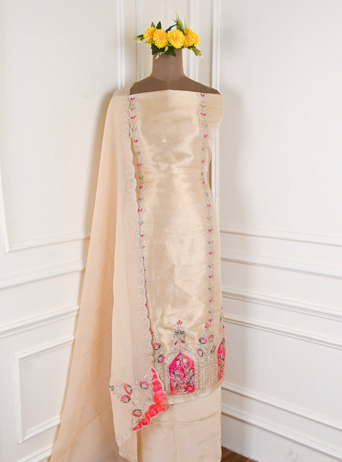 Banarasi Shimmer Beige Unstitched Suit