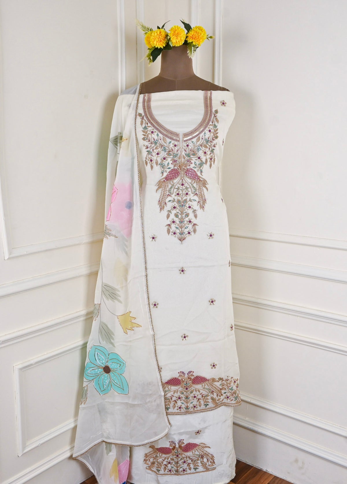 Organza White Unstitched Suit