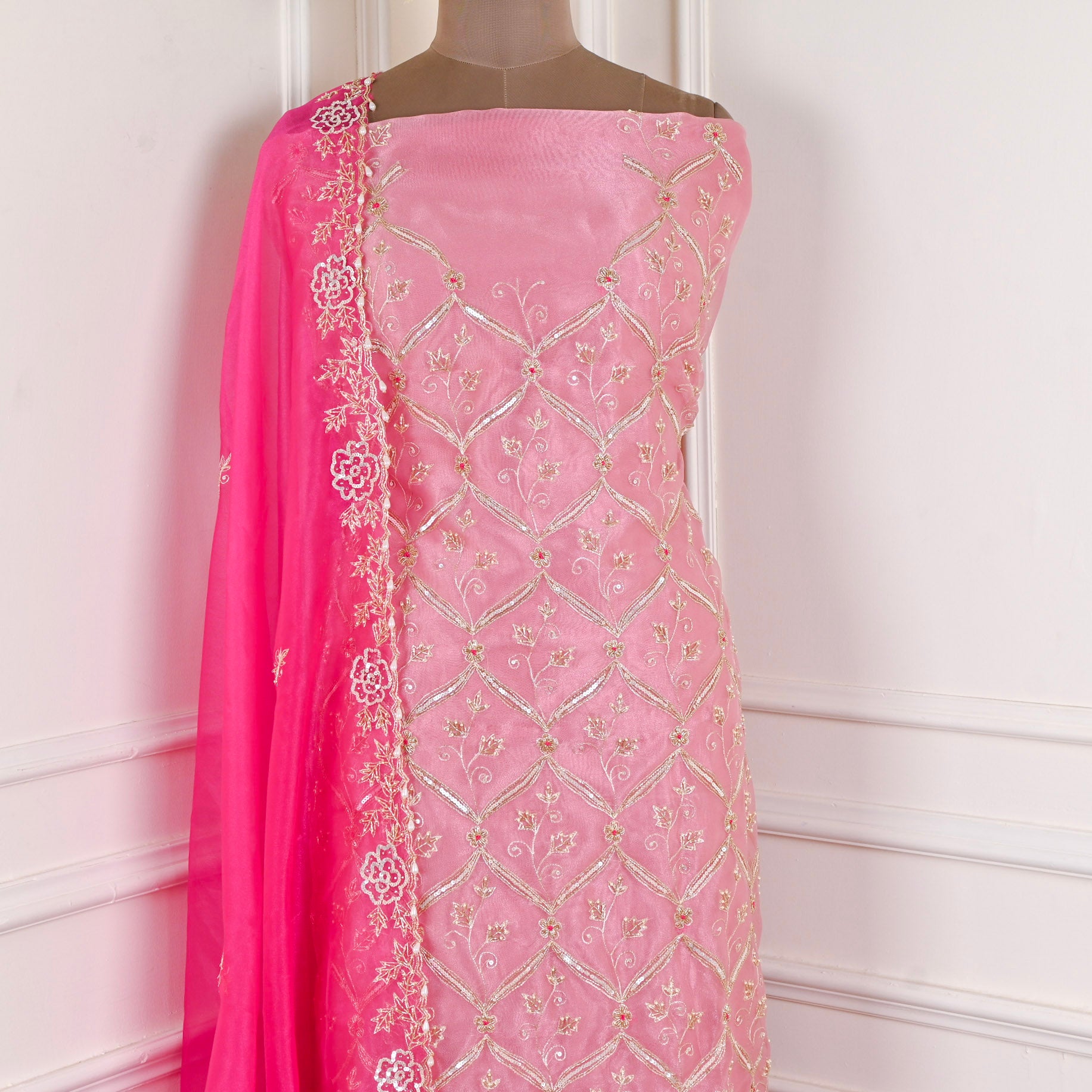 Glass Organza Pink Unstitched Suit