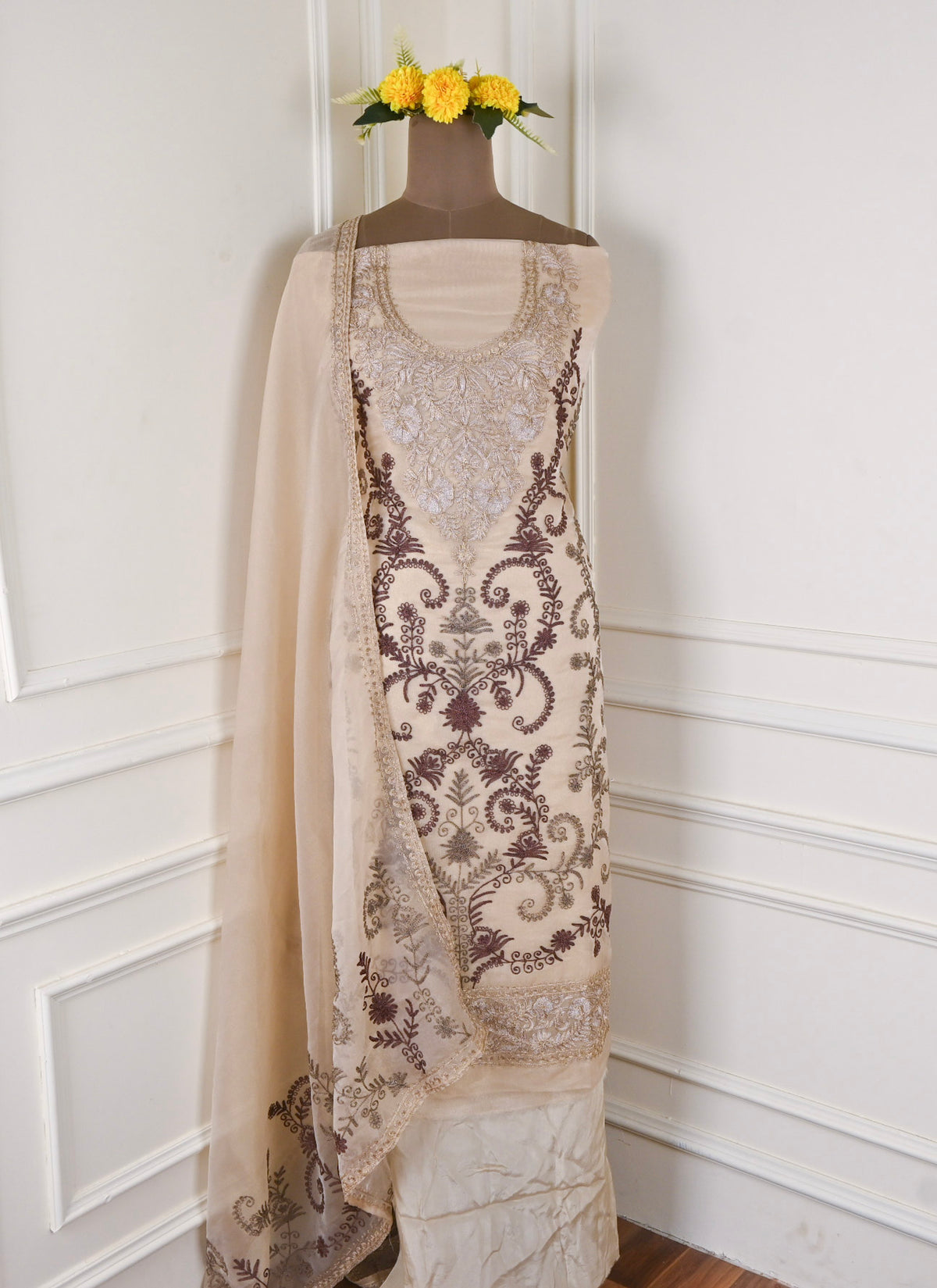 Crush Shimmer Beige Unstitched Suit