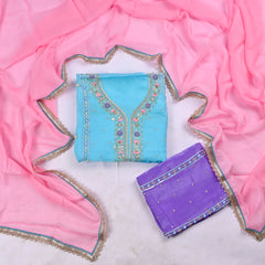Satin Silk Sky Blue Unstitched Suit