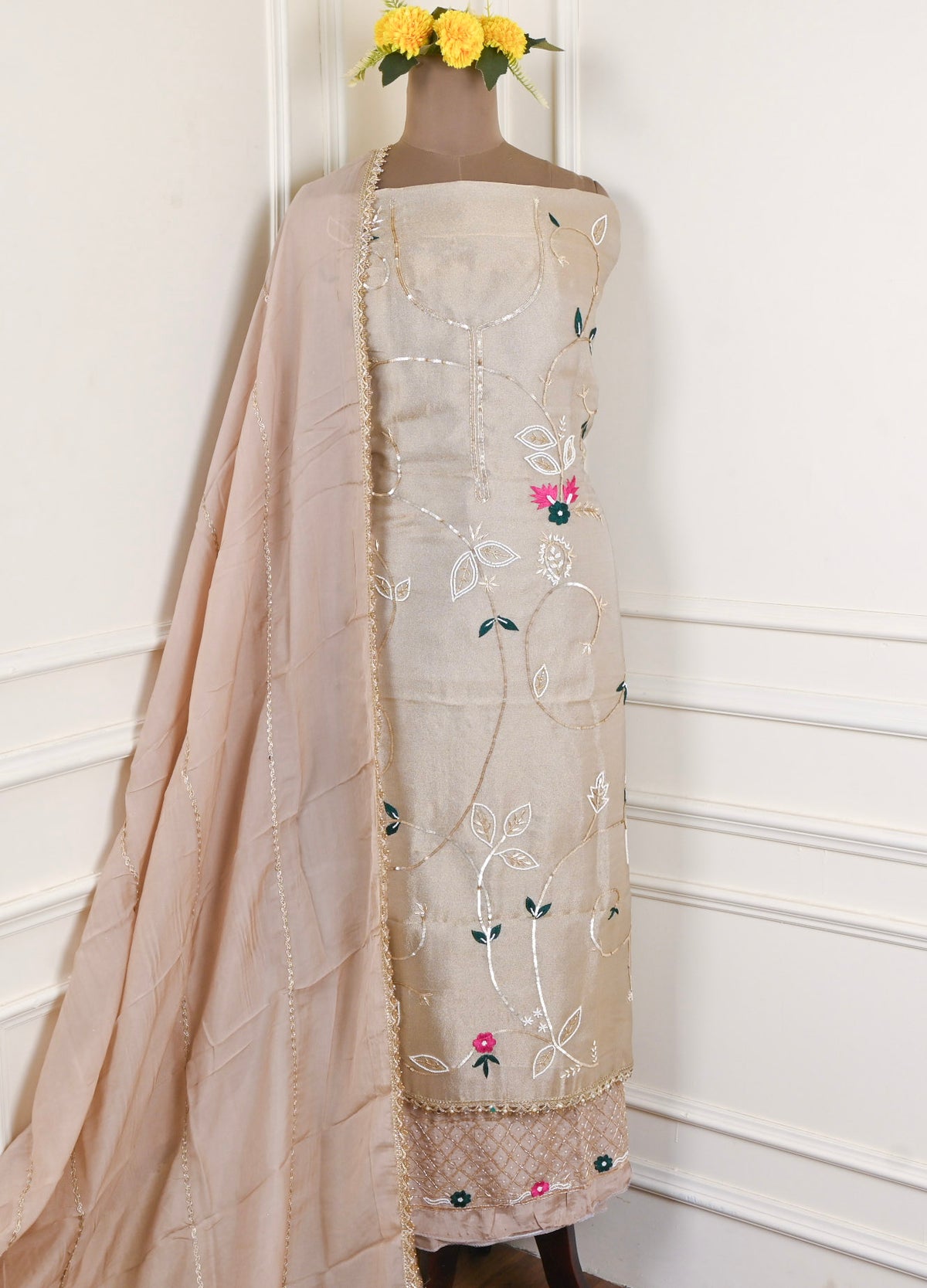 Shimmer Beige Unstitched Suit