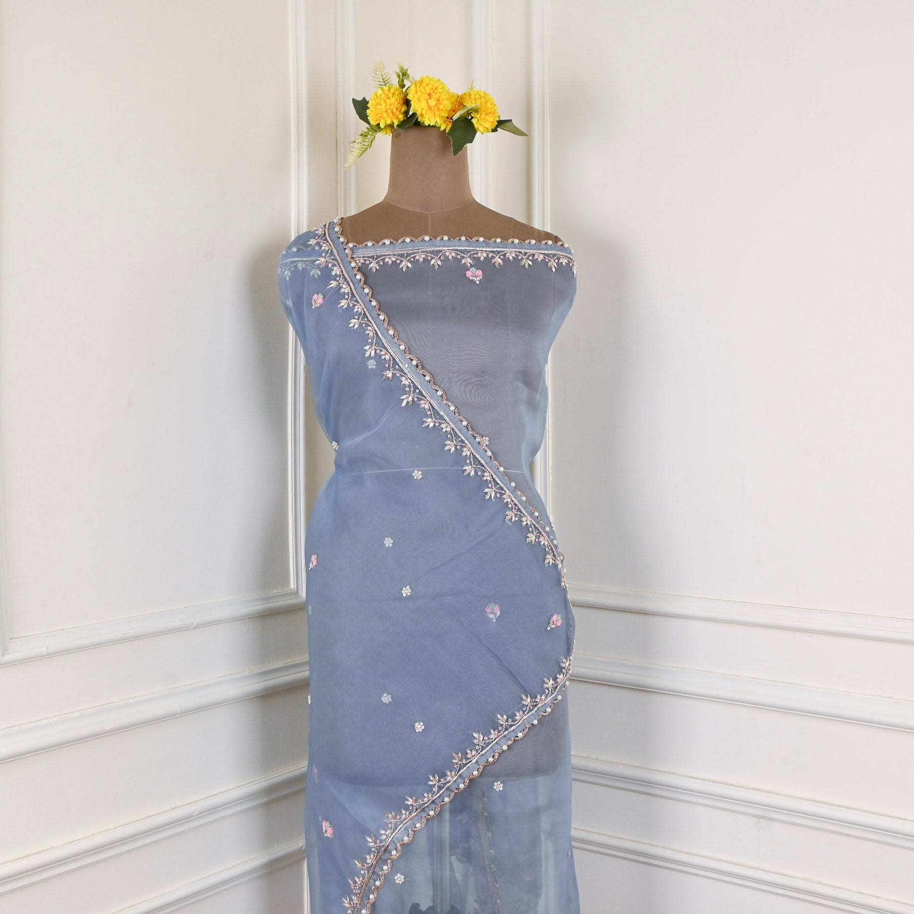 Glass Organza Blue Unstitched Suit