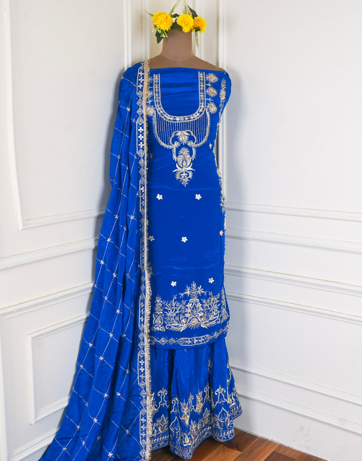 Crepe Royal Blue Unstitched Lehenga Suit