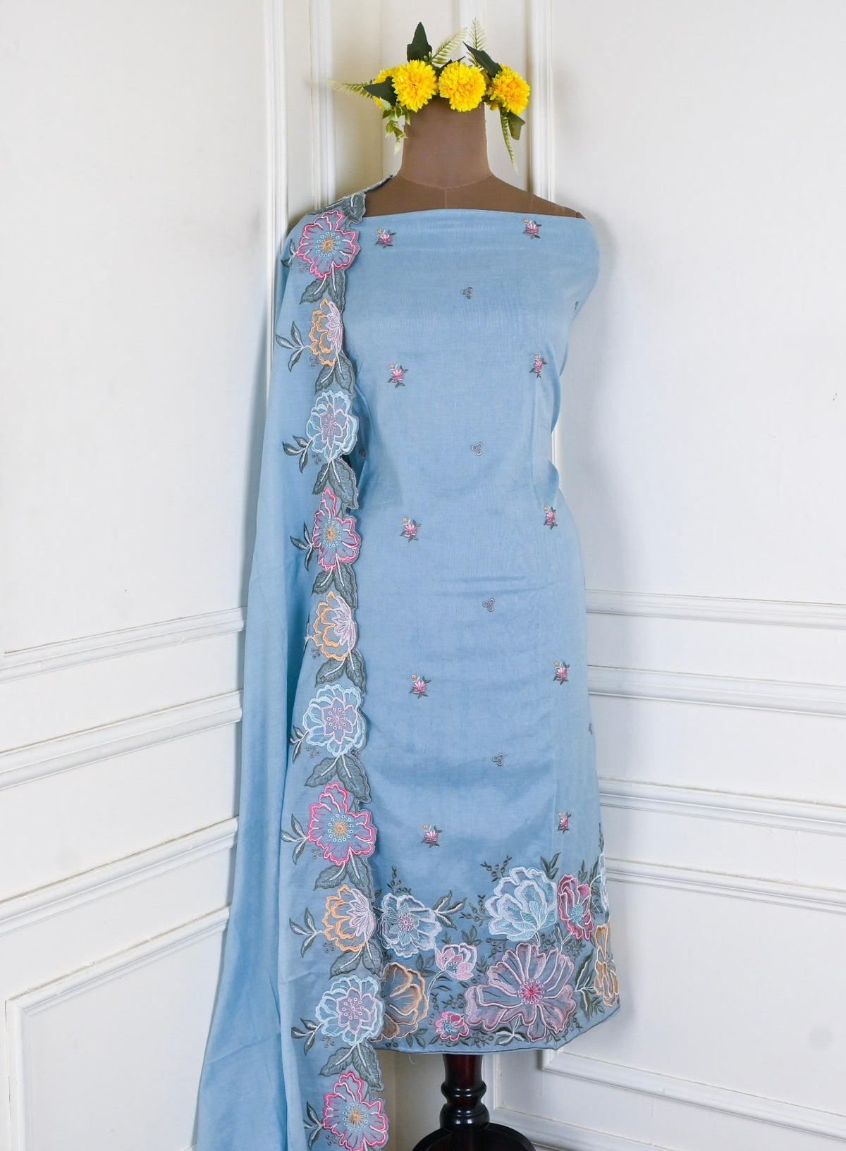 Mul Cotton Powder Blue Unstitched Suit