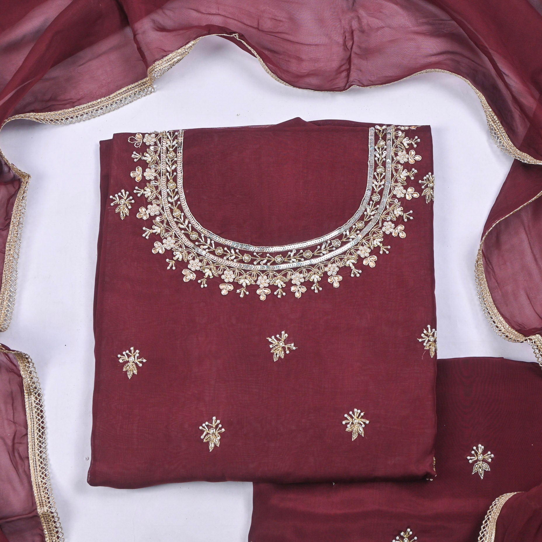 Organza Wine Unstitched Suit