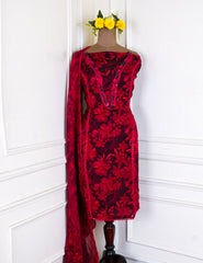 Twill Organza Maroon Unstitched Suit