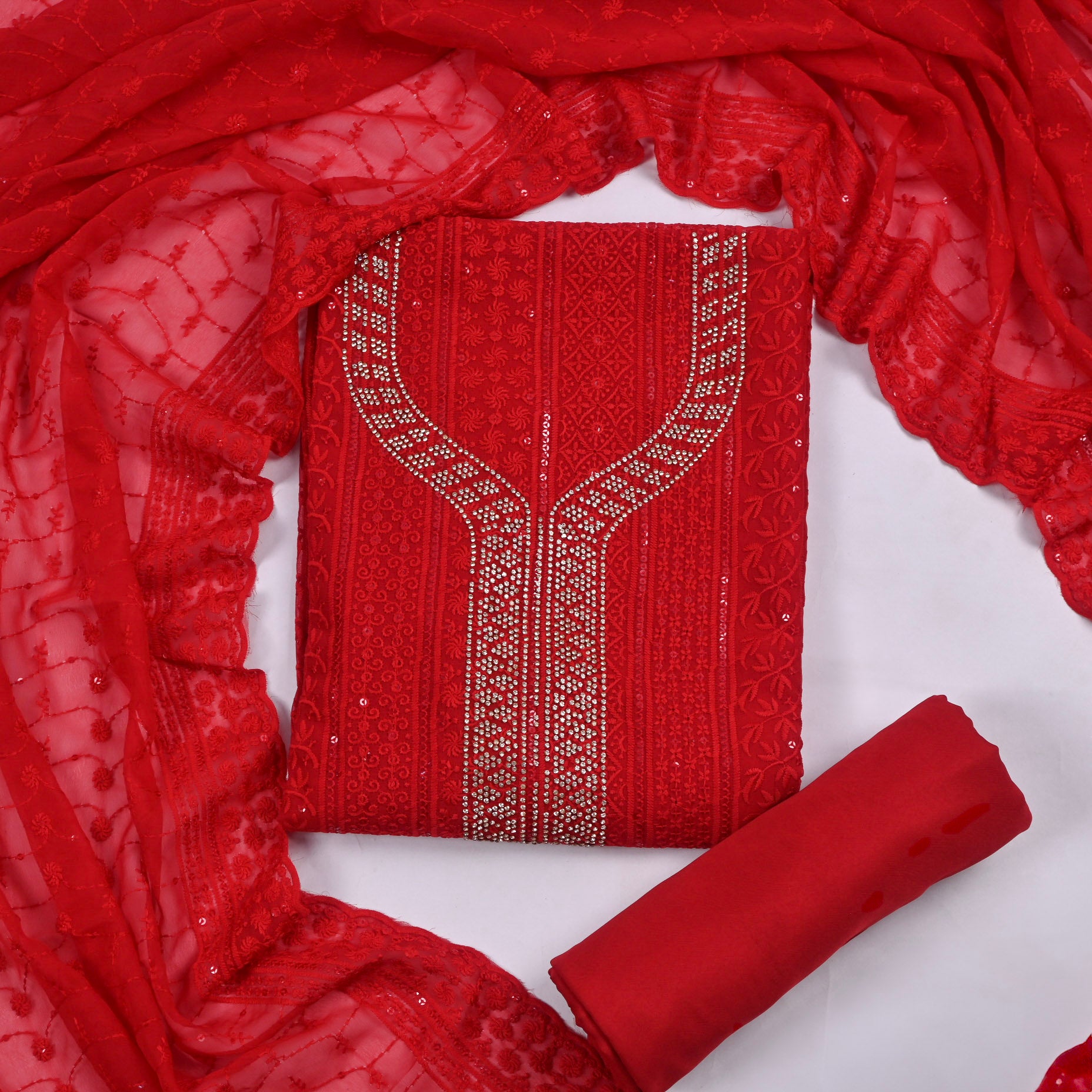 Georgette Red Unstitched Suit