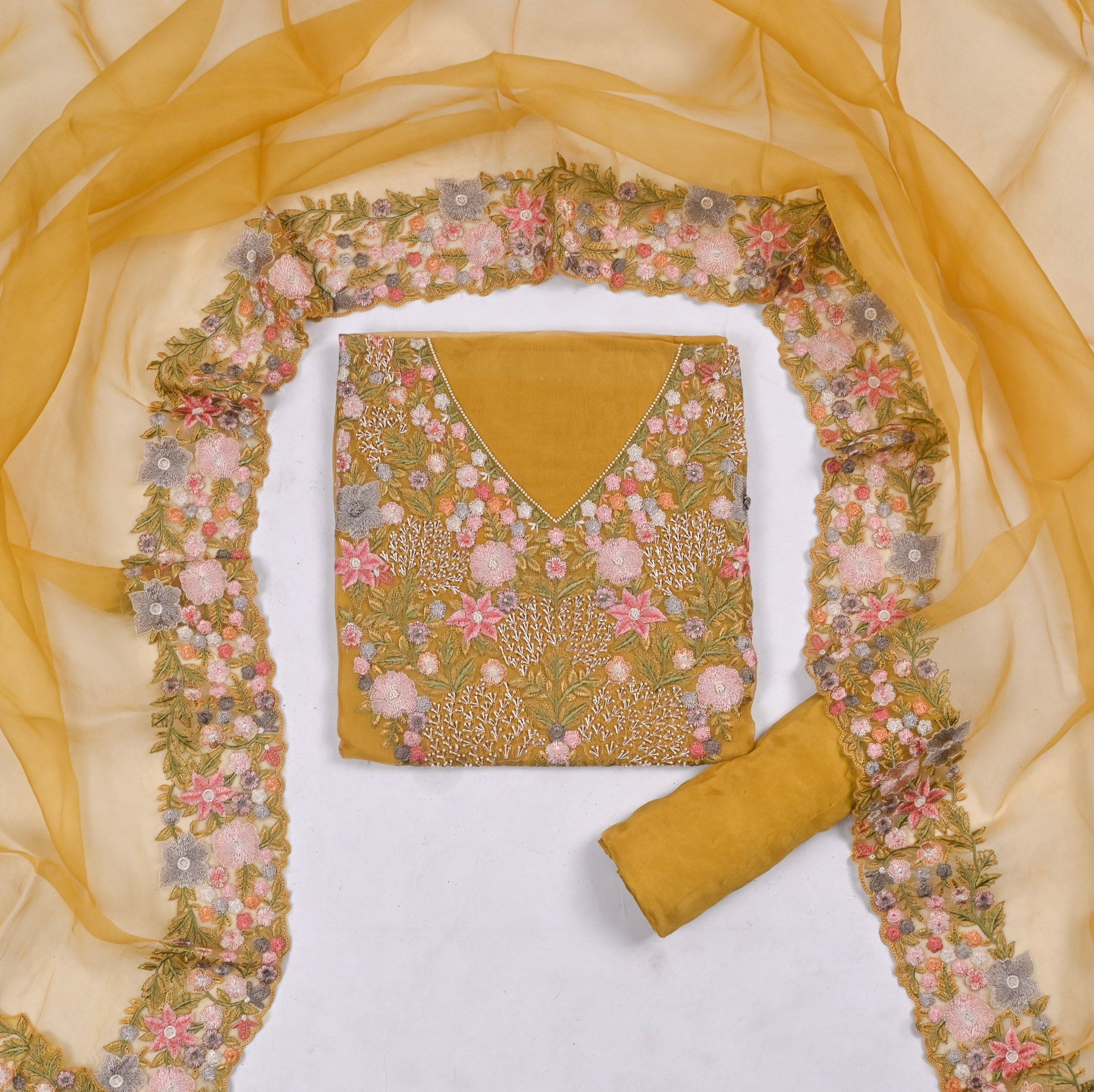 Organza Yellow Unstitched Suit