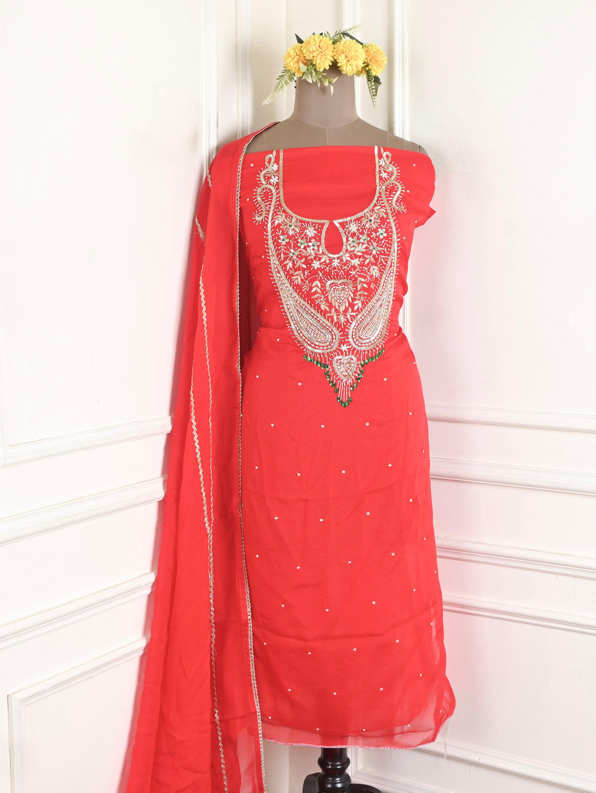 Organza Red Unstitched Suit
