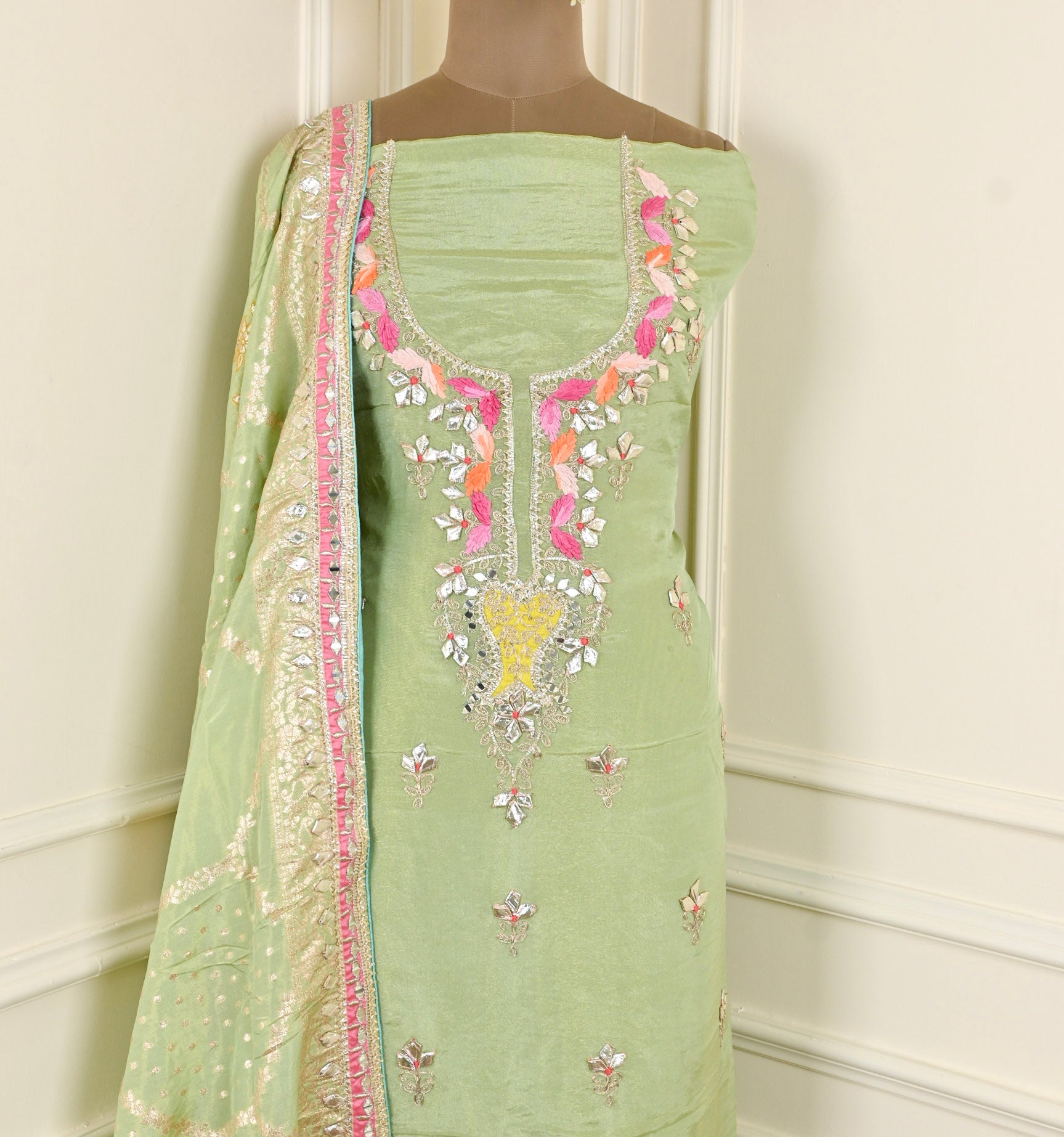 Shimmer Pista Green Unstitched Suit