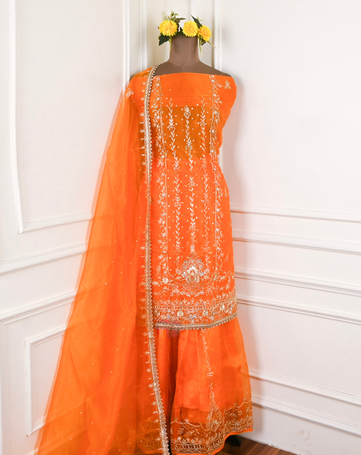 Glass Shimmer Orange Unstitched Lehenga Suit