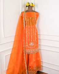 Glass Shimmer Orange Unstitched Lehenga Suit