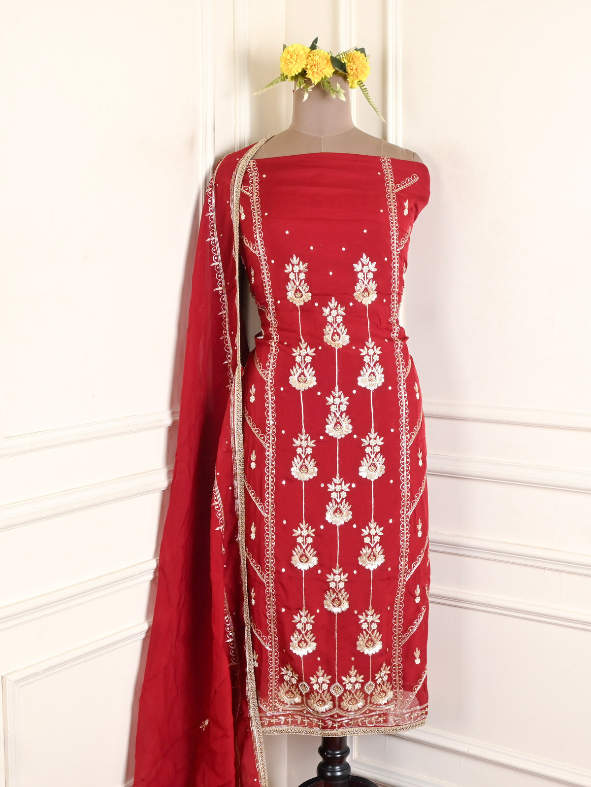 Organza Maroon Unstitched Suit
