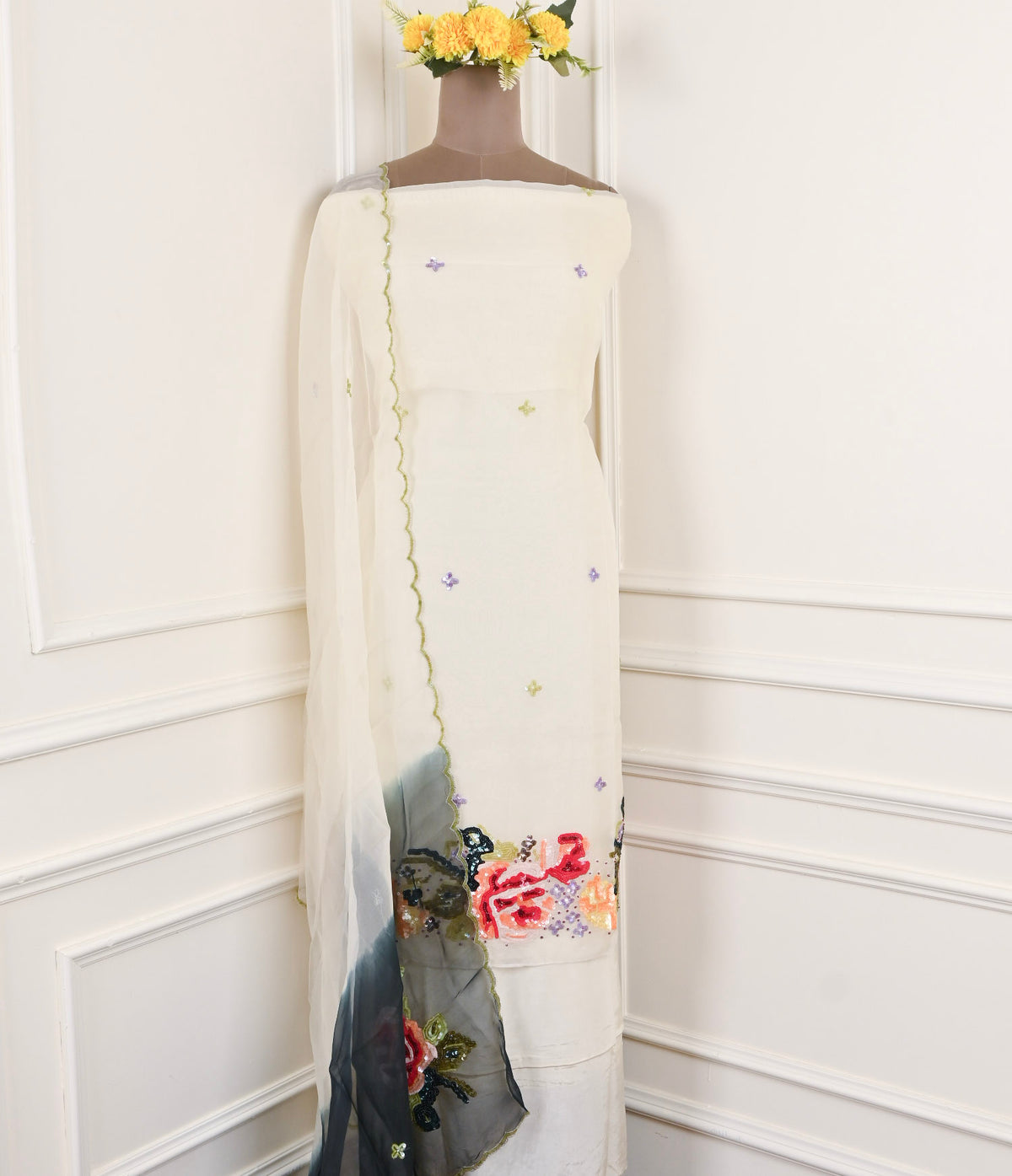Organza White Unstitched Suit
