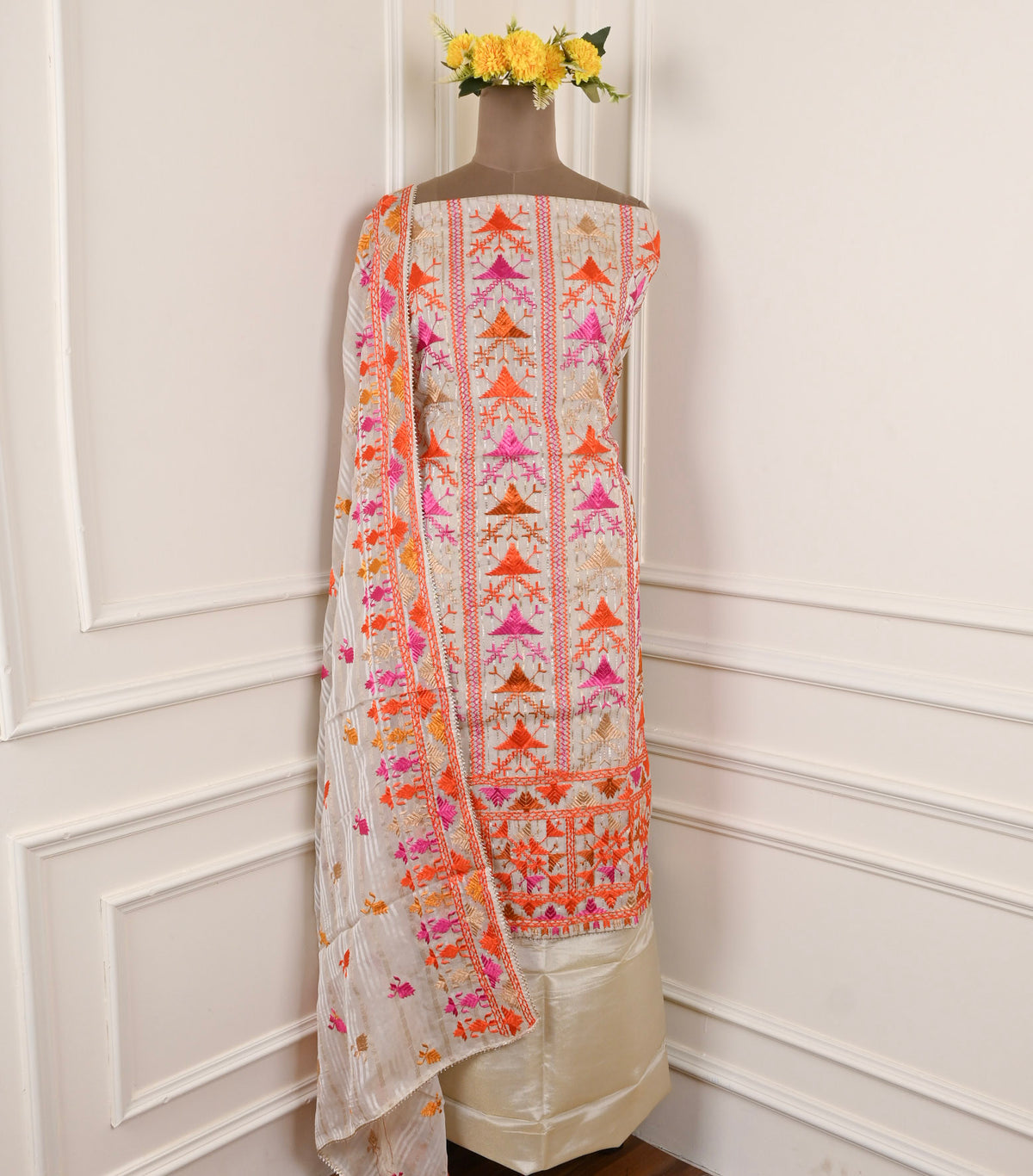 Shimmer Golden White Unstitched Suit