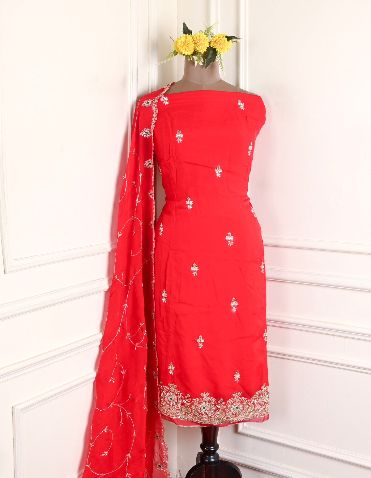 Organza Red Unstitched Suit
