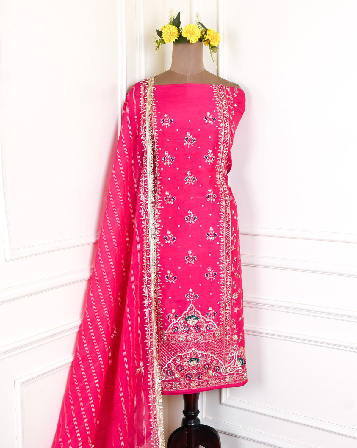 Khadi Magenta Unstitched Suit