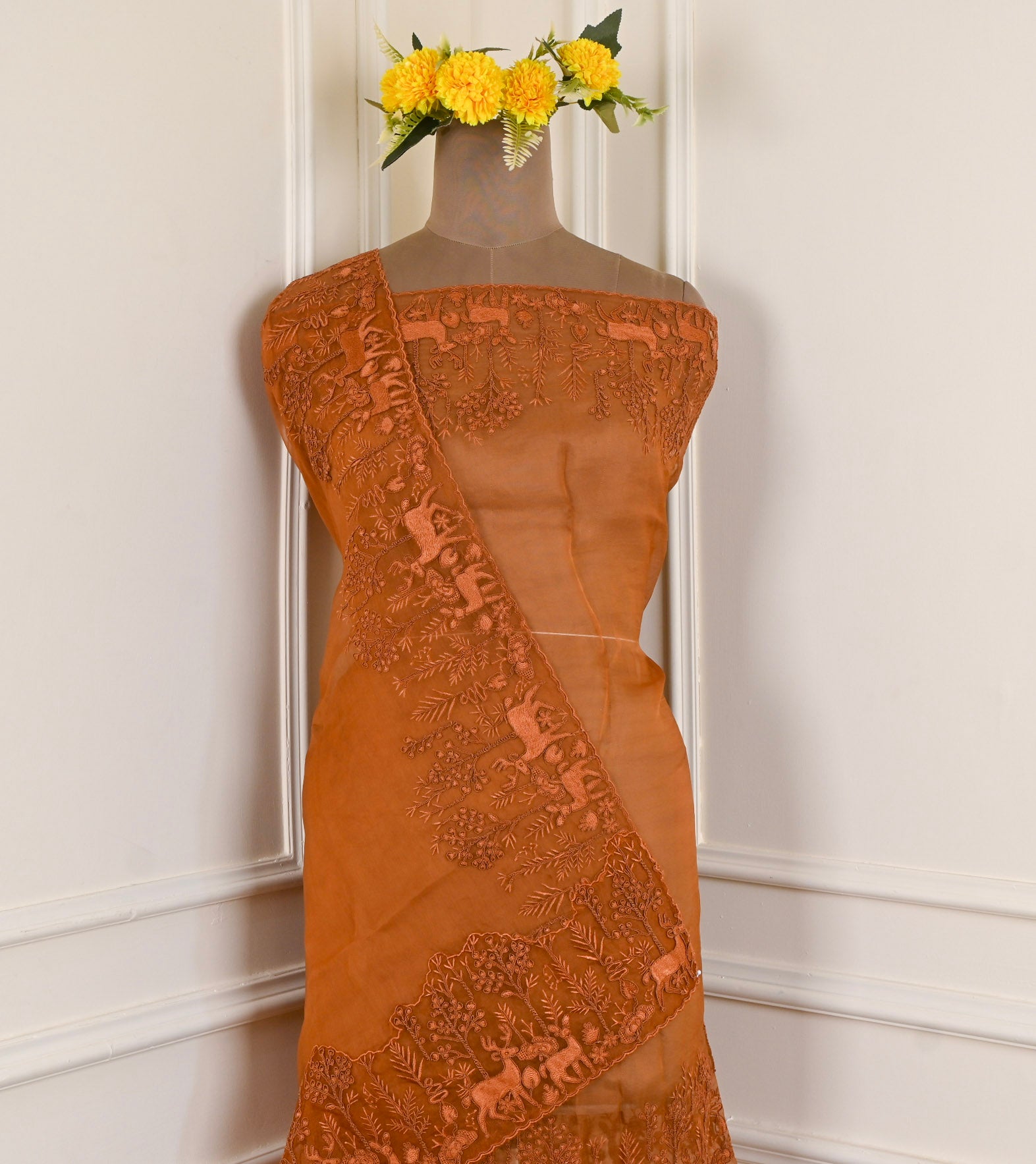 Organza Brown Unstitched Suit