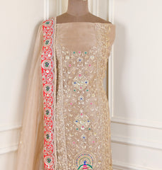 Glass Shimmer Beige Unstitched Suit