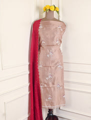 Twill Organza Maroon Unstitched Suit