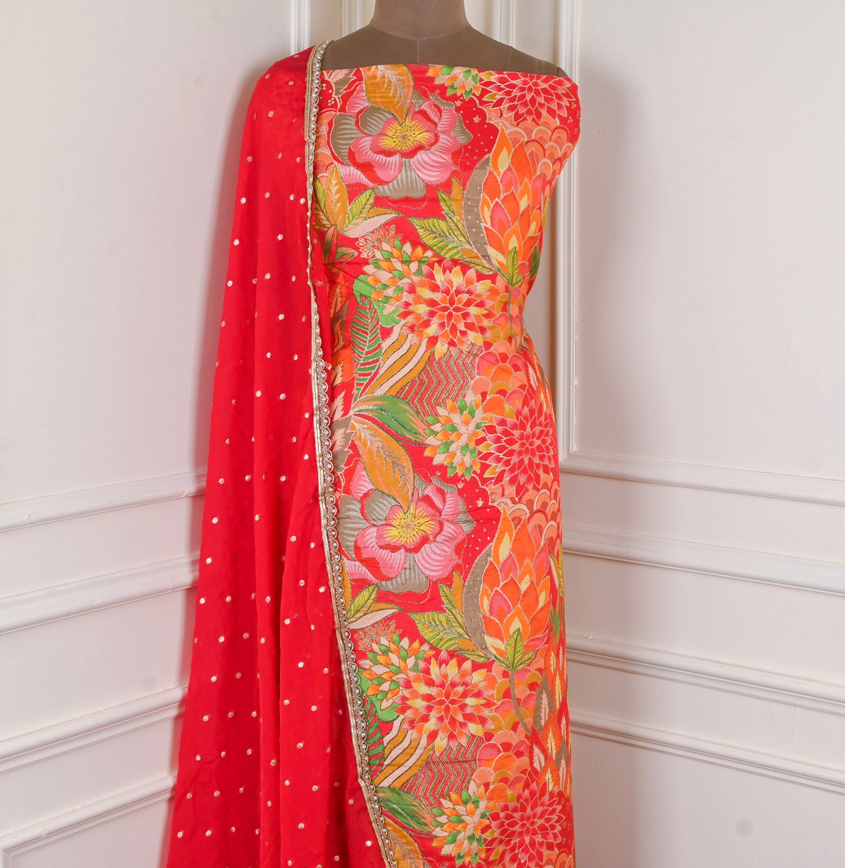 Banarasi Silk Red Unstitched Suit