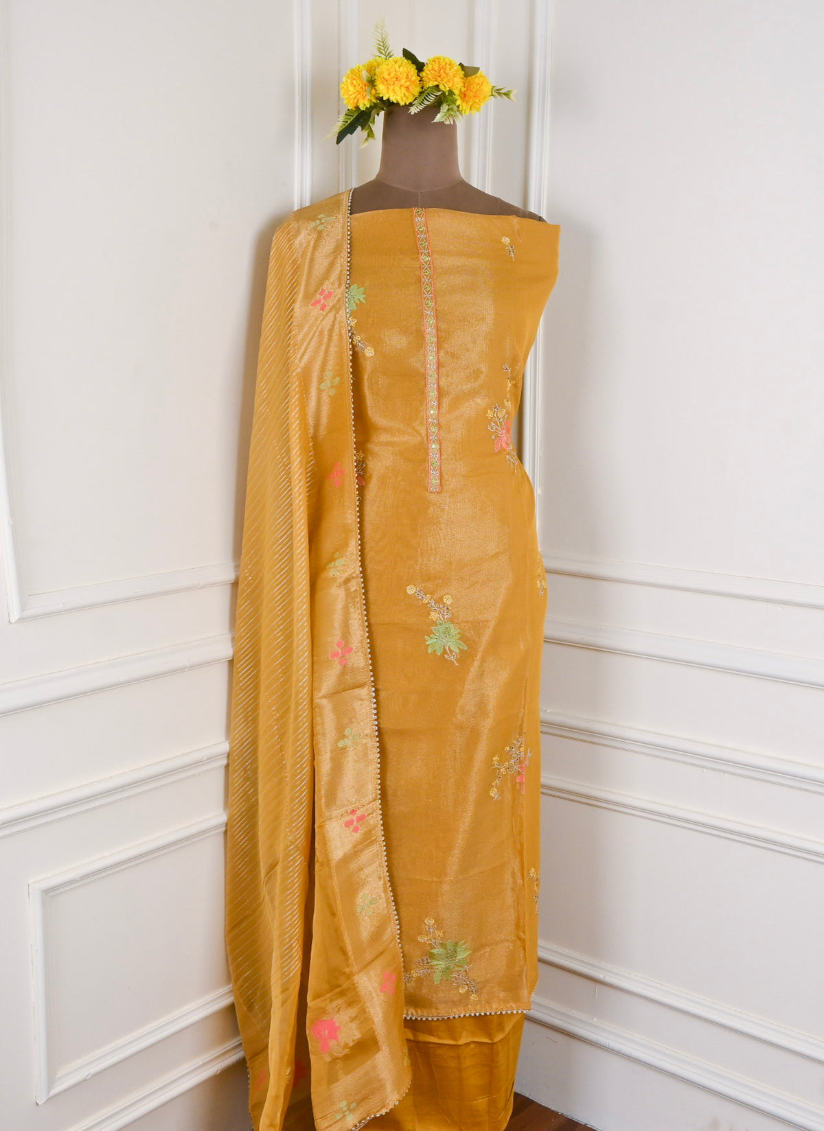 Shimmer Yellow Mustard Unstitched Suit