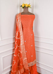 Banarasi Silk Orange Unstitched Suit