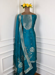 Banarasi Silk Teal Blue Unstitched Suit