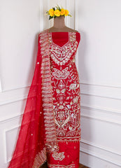 Organza Maroon Unstitched Suit