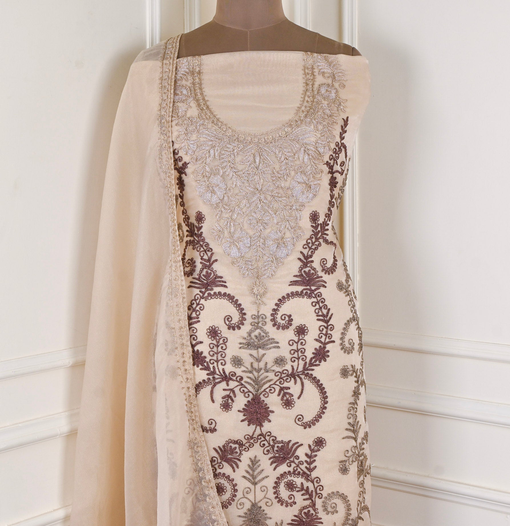 Crush Shimmer Beige Unstitched Suit