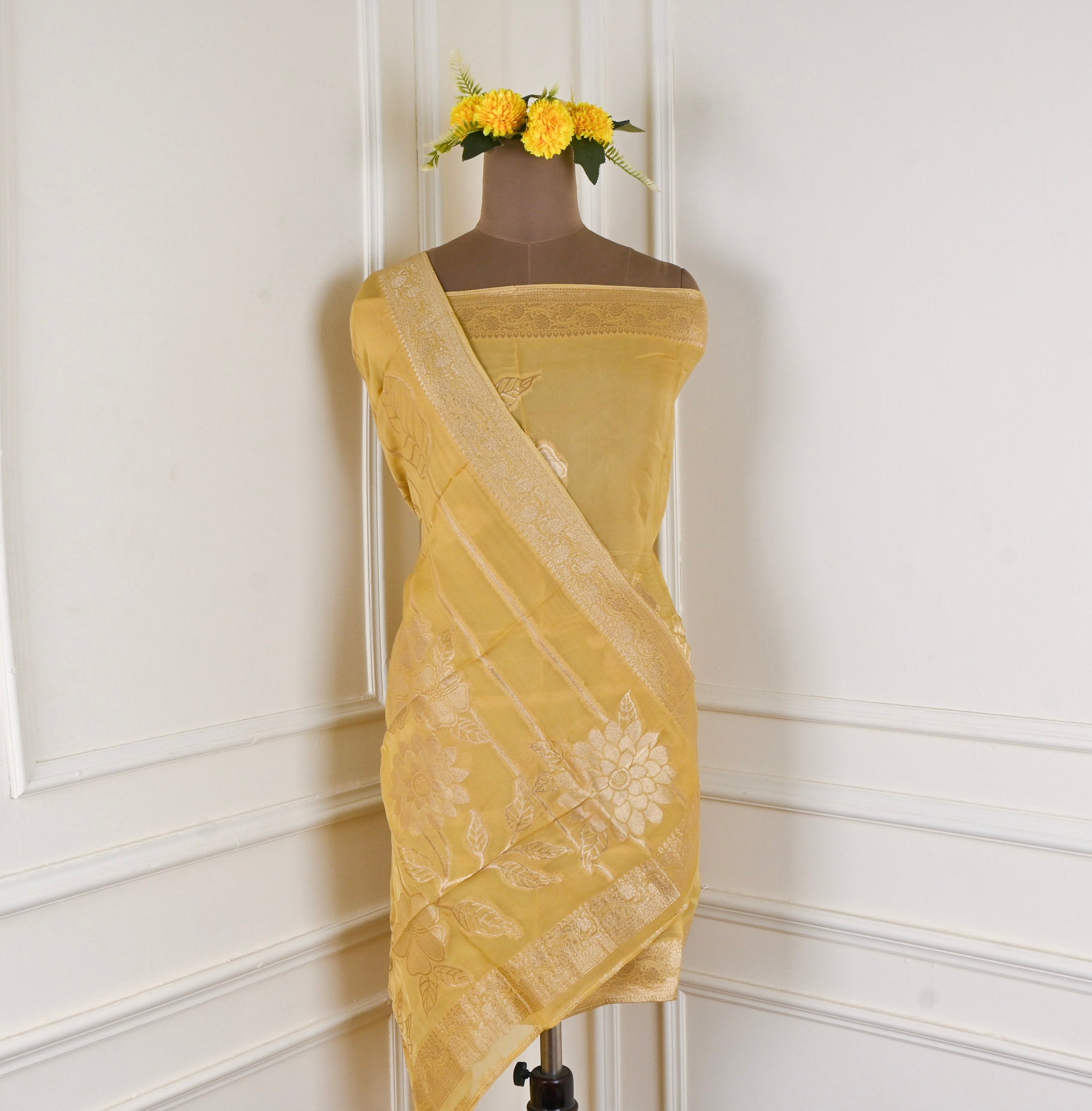 Banarasi Silk Yellow Unstitched Suit
