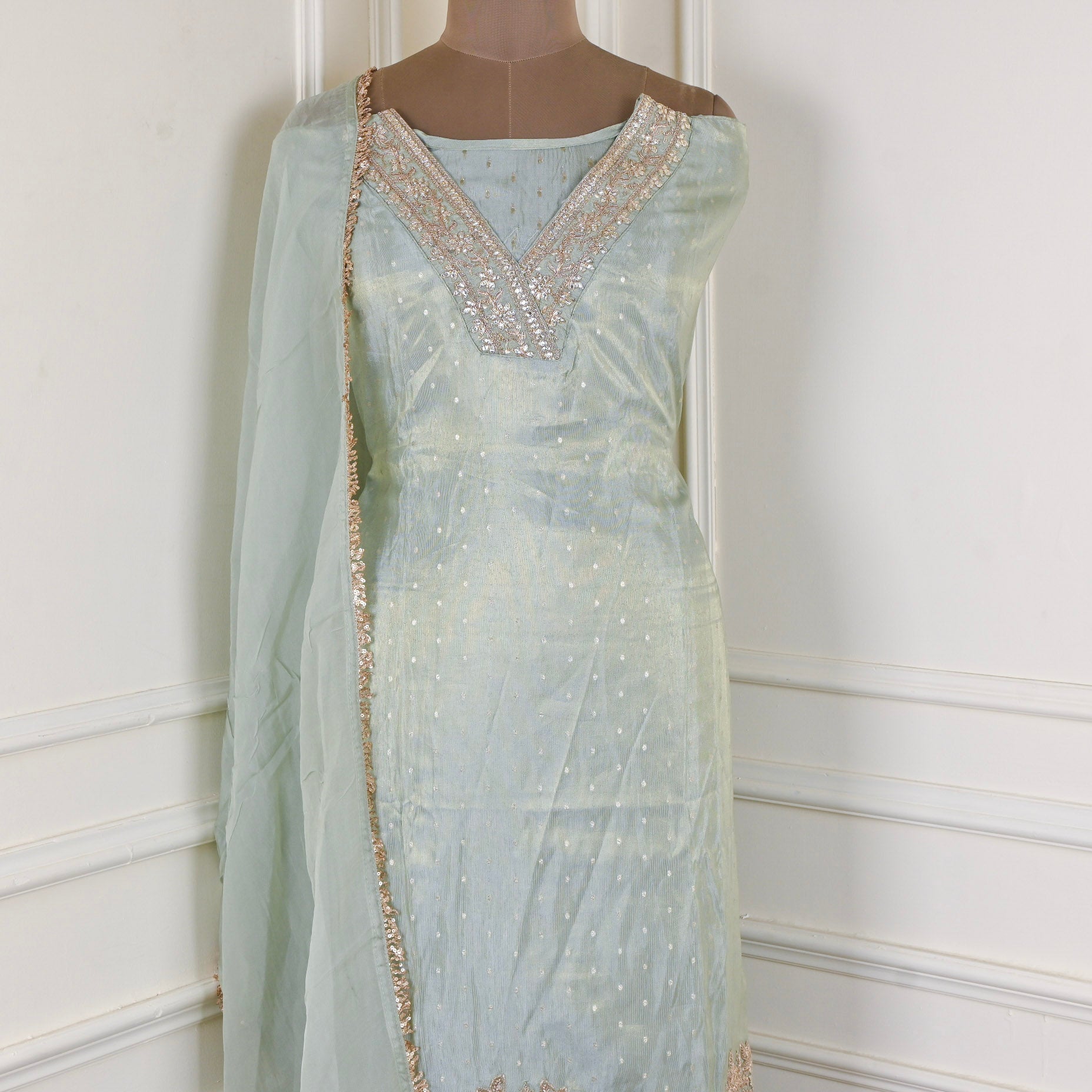 Banarasi Pista Green Unstitched Suit