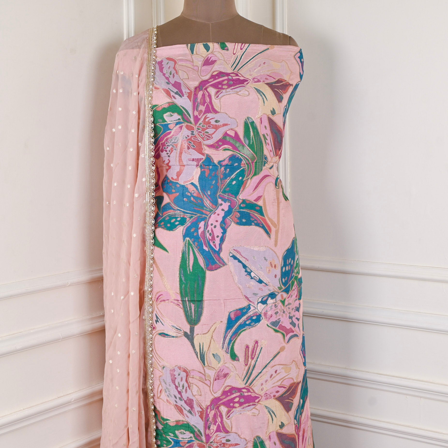 Banarasi Silk Pink Unstitched Suit