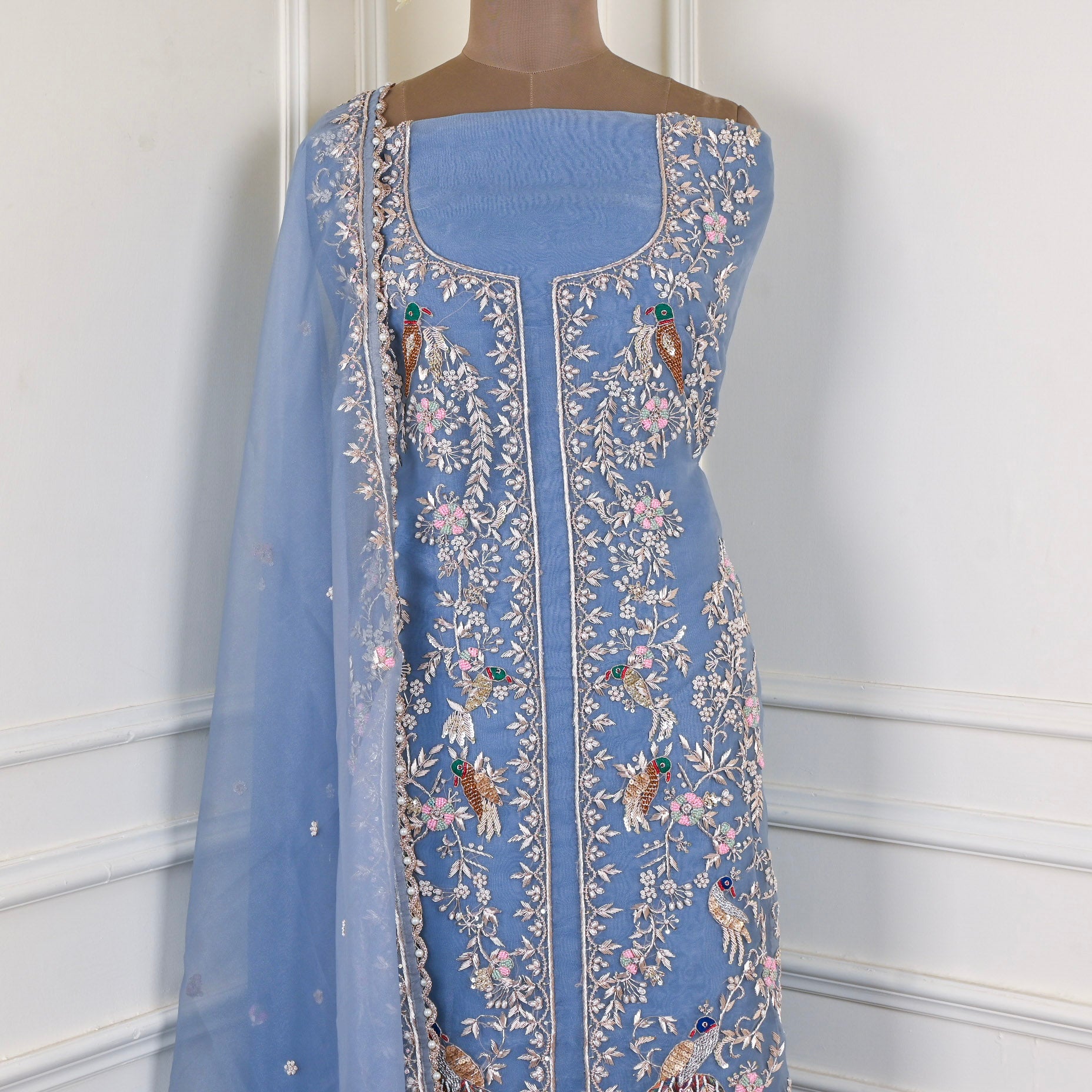Glass Organza Blue Unstitched Suit