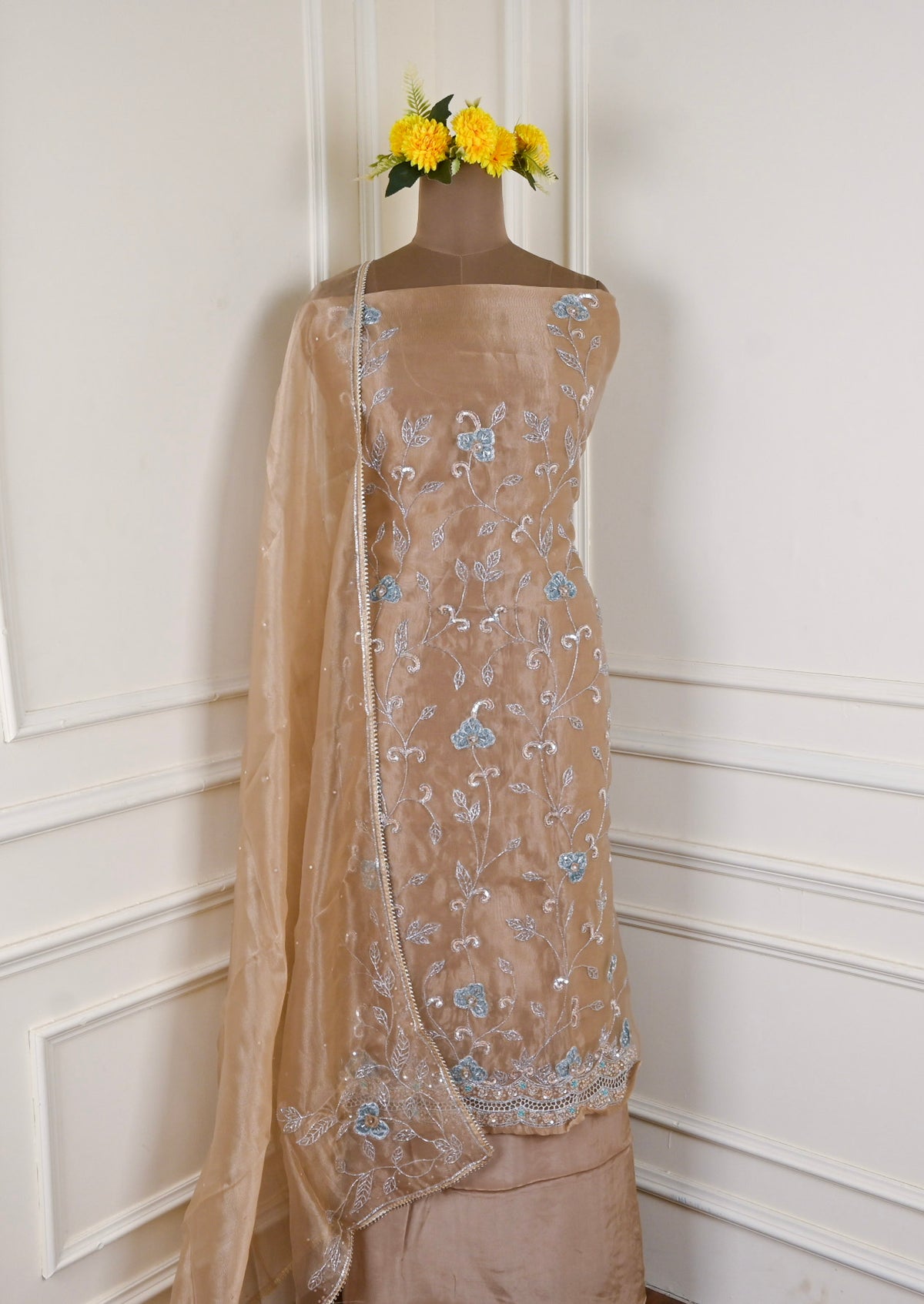 Glass Shimmer Beige Unstitched Suit