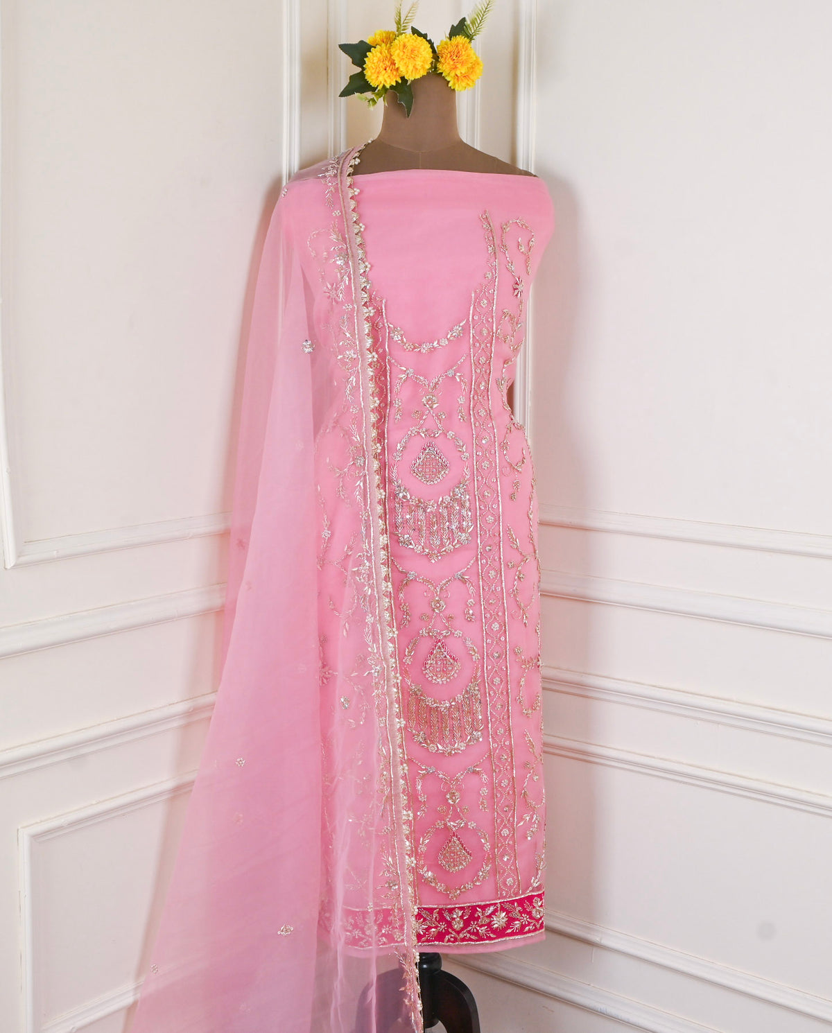 Organza Pink  Unstitched Suit