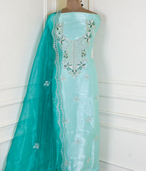 Glass Shimmer Pista Green Unstitched Suit