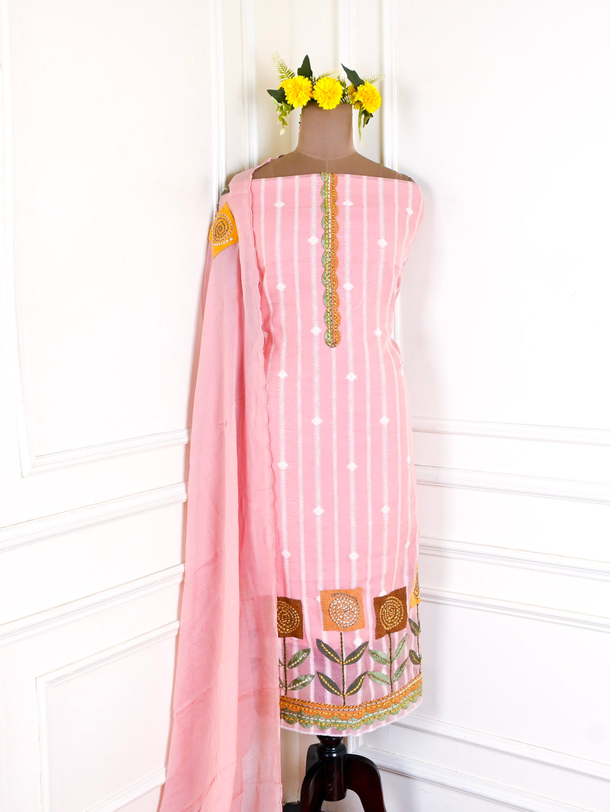 Mul Chanderi Cotton Pink Unstitched Suit