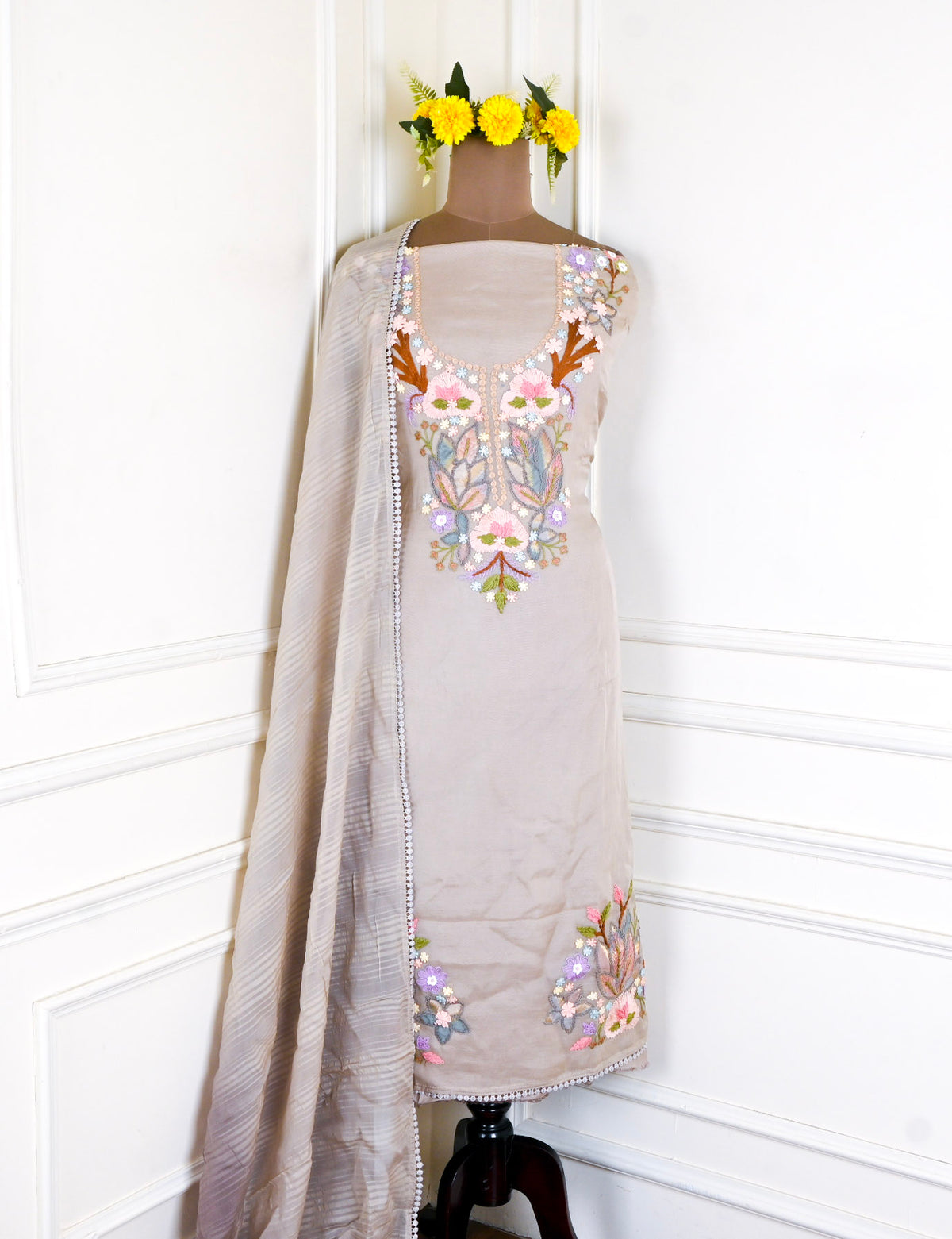 Mul Cotton Beige Unstitched Suit